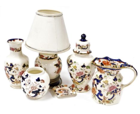 A group of Masons Mandalay pattern wares, to include jar and cover, 26cm high, jug, 16cm high, table lamp on a hardwood base,