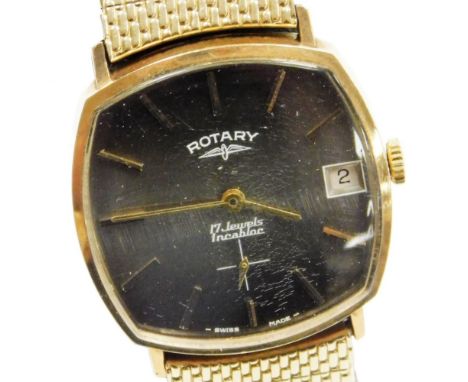 A Rotary gentleman's Incabloc late 20thC wristwatch, the square brass dial with gold batons, centre seconds, date aperture, p