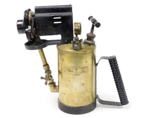 A Kelite brass blow lamp, made by Kitson Lighting Company USA, and latterly Stamford, England, 39cm high.  
