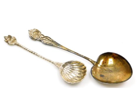 An Edward VII silver 1902 Coronation spoon, the handle decorated with a side profile of Edward VII beneath crown, Art Nouveau