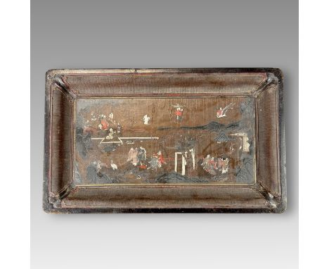 A rectangular painted lacquer tray with basketwork rim, well decorated with a central figure scene Dimension: L:52cm, W:31.5c
