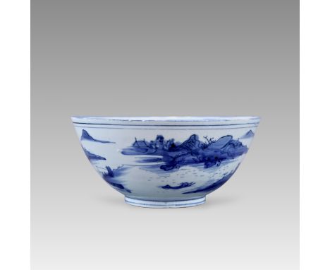 A blue and white landscape bowl, cracked  Dimension: D:22cm, H:10cm  Provenance: From Geoffrey Middle Collection;   Condition