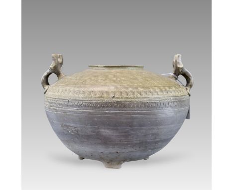 the compressed body rising to a broad shoulder and short flared rim, the upper body with three raised grooved bands and carve
