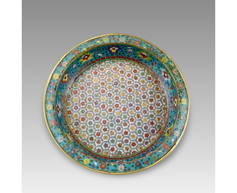 A cloisonne basin richly decorated with turquoise ground lotus flower scroll around both the well and everted rim, and with w