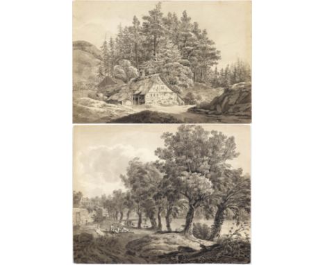 JOHANN HEINRICH TROLL(1756 Winterthur 1824)1. Landschaft mit Gehöft; 2. Flusslandschaft mit lagernden Personen an einem Steg.