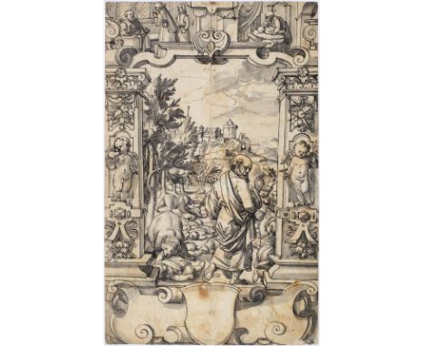 HIERONYMUS VISCHER (ZUGESCHRIEBEN)(1564 Basel 1631)Scheibenriss mit dem die Knaben verfluchenden Elisäus und leerem Wappensch