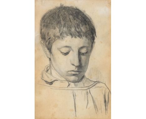 ALBERT ANKER(1831 Ins 1910)Porträt eines Jungen mit gesenktem Blick.Kohlestift auf Papier.32,5 x 21 cm (licht). Gerahmt.Verso