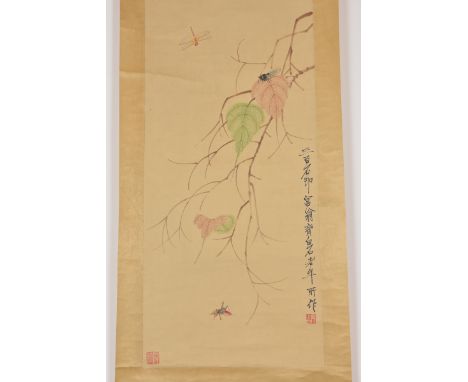 A Chinese watercolour painting in scroll of insects in tree. Signed Qi Baishi. Painitng size 94cm 43.5cm