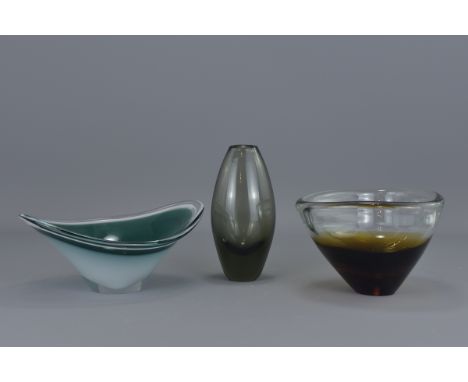 Three pieces of Art Glass including two signatures 17cm-22cm diameter