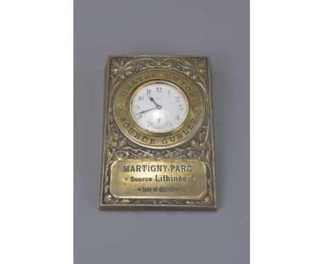 White metal advertising desk clock, LIP 8 day movement, white enamel face, engraved CHATEL - GUYON SOURCE GUBLER &nbsp;12.5cm