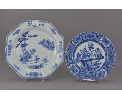Two Chinese 18th century Kangxi period blue and white porcelain dishes. 33cm and 28cm diameter. (2)