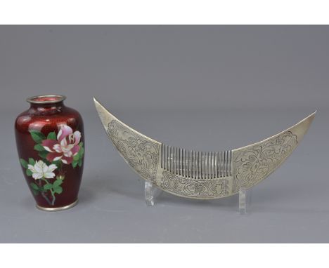 A South East Asian metal head piecewith incised decoration along with a Japanese cloisonné enamel vase.23cm (L) and 12cm (H) 