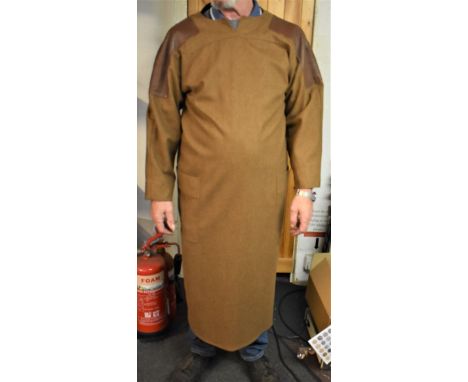 1980 long Max Mara brown wool dress, brown leather epaulettes, and large pockets in front. Size 12