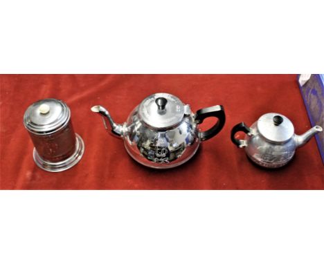 1951 Festival of Britain small souvenir tea pots (2) and tea Caddy, chromed bodies with Bakelite handles and in excellent con