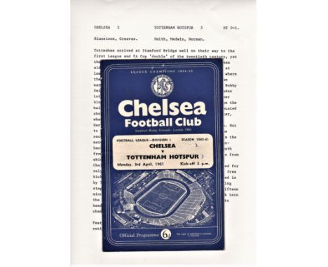 Chelsea v Tottenham Hotspur 1961 April 3rd League team change &amp; scores in pen score on front cover in pen half time score