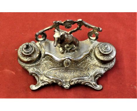 Vintage 1900s inkwell with the figure of a Greyhound fixed in the centre, an excellent art nouveau design, base metal with a 