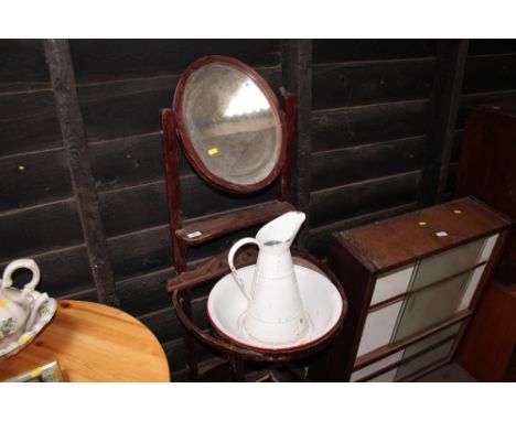 A Victorian style wash stand with enamel wash jug and bowl 