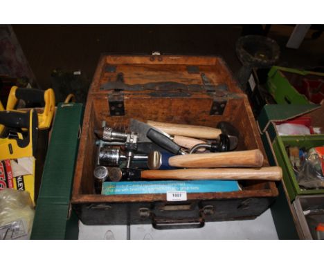 A pine box contents of various hand tools 