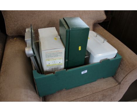 A box containing a set of scales; crystal decanter; a 2D gem light and a bread bin 