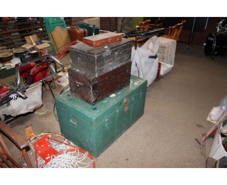 A metal trunk and two wooden boxes 