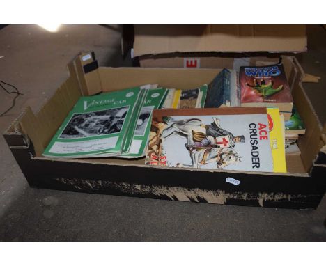 Box containing various items including Vintage Car magazine, books, Dr Who annuals etc