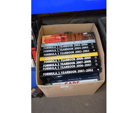 Box containing a quantity of books including Formula 1 yearbooks, Bob Dylan Retrospectum, World Encyclopaedia of Cars etc
