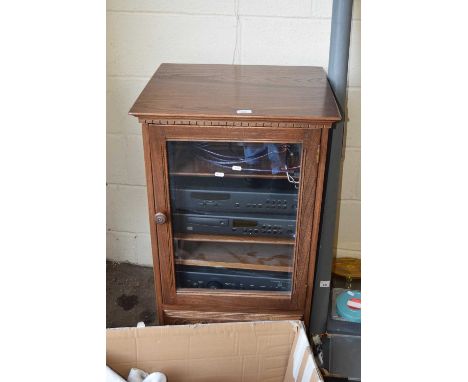 An Ercol glazed hi-fi cabinet containing an Arcam separates system, amplifier, CD, tuner