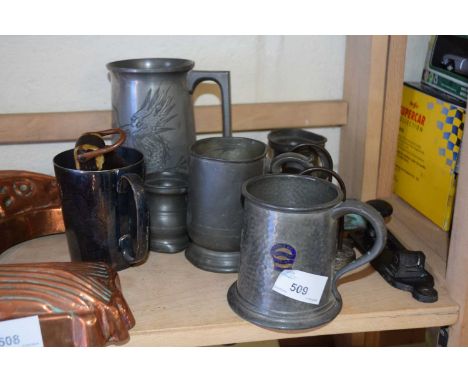 A quantity of various metal wares including pewter tankards, door knocker, knife etc