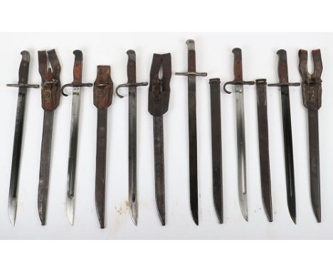 6x Japanese Type 30 Arisaka Bayonets, all complete with scabbards and four with leather bayonet frogs attached, various arsen