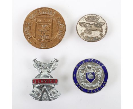 WW2 British Home Front Lapel Badges, including brass Royal Ordnance Factory 21 lapel badge with fittings to the reverse, Port