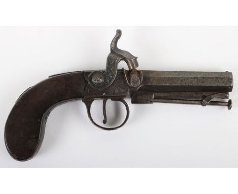 50-Bore Percussion Boxlock Pocket Pistol, steel octagonal barrel, engraved action and plate. Barrel stamped “P-069” to the to