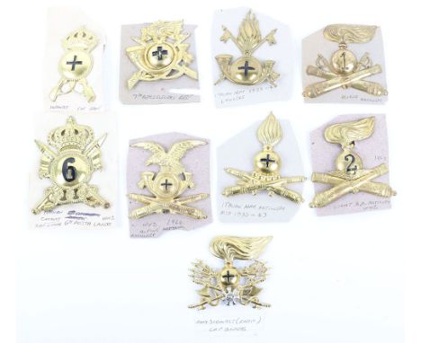 9x Italian Badges, believed to be of WW2 and later. All mounted onto card with identification written in ink. Including Army 