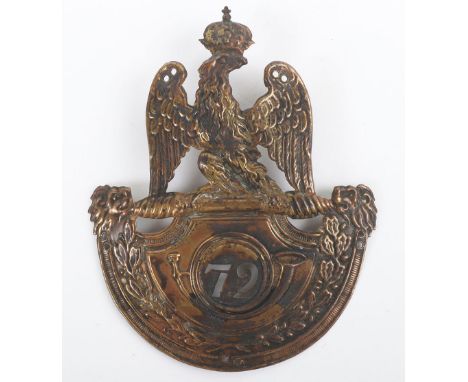 French 1814 Shako Plate, brass stamped shako plate showing crowned French eagle, with light infantry bugle below having cut o