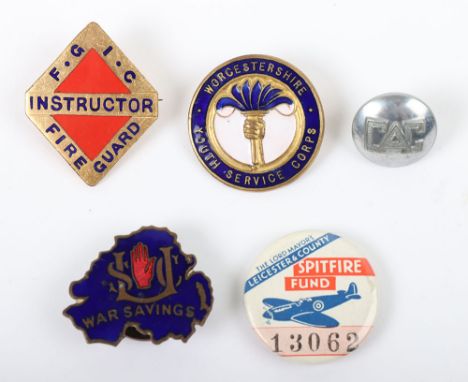 WW2 British Home Front Badges, including enamel Ulster War Savings lapel badge by H W Miller Ltd, Fire Guard Instructors lape