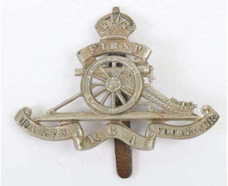 Scarce First Hants Royal Garrison Artillery Volunteers Cap Badge, white metal example with slider fitting to the reverse. 