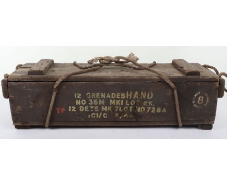 WW2 British Grenade Transportation Box Dated May 1944, the wooden crate box would have held 12 No.36M Hand Grenades and a tin