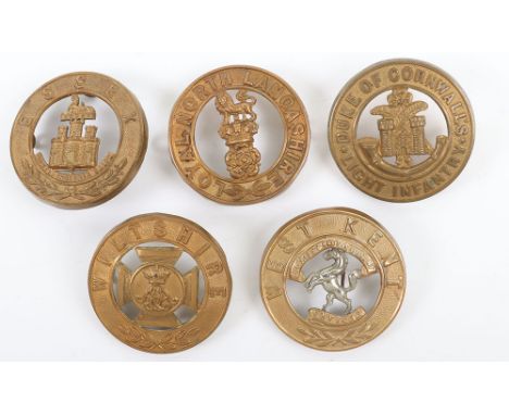 5x Other Ranks Helmet Plate Centres, consisting of Loyal North Lancashire regiment, West Kent regiment, Wiltshire regiment, E