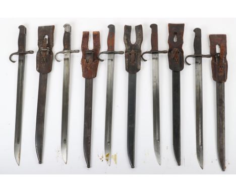 5x Japanese Type 30 Arisaka Bayonets, all with their original meta scabbards and leather bayonet frogs attached, various arse