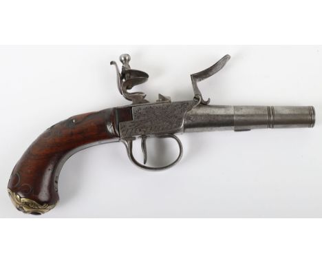 Unusual Belgian or French Copy of an English Boxlock Flintlock Travelling Pistol c.1780, frame engraved with trophy of arms, 