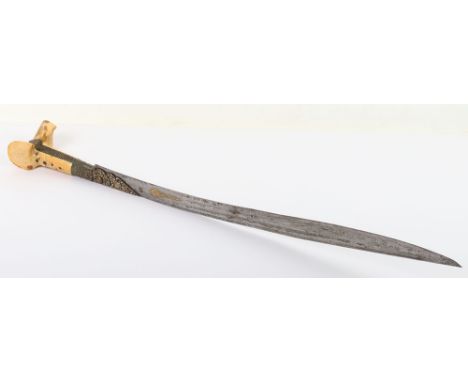 Turkish Sword Yataghan Dated 1786, recurved single edge blade deeply struck with makers name and AH1201, gold damascened with