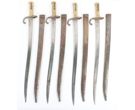 4x French Chassepot Bayonets, all being standard types with brass ribbed hilts and steel cross guards with muzzle rings. Hous