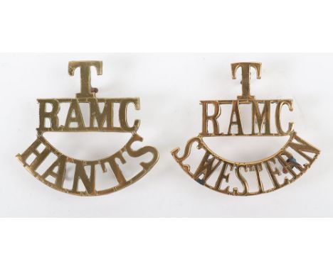 2x Hampshire Territorial Royal Army Medical Corps Shoulder Titles, brass T/RAMC/HANTS and T/RAMC/S.WESTERN. Both with lug fit
