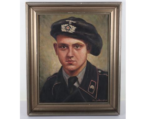 WW2 Portrait Painting of WW2 German Panzer Crewman, fine oil on canvas portrait painting showing a head and shoulders of a Pa