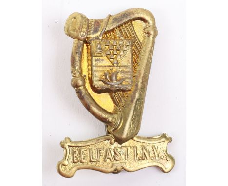 Rare Irish National Volunteers Belfast Regiment Cap Badge Circa 1916, brass die stamped cap badge in the form of a harp with 