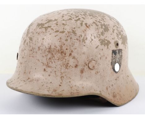 WW2 German Army M-35 Single Decal Camouflaged Steel Combat Helmet, a very intriguing German steel combat helmet which appears