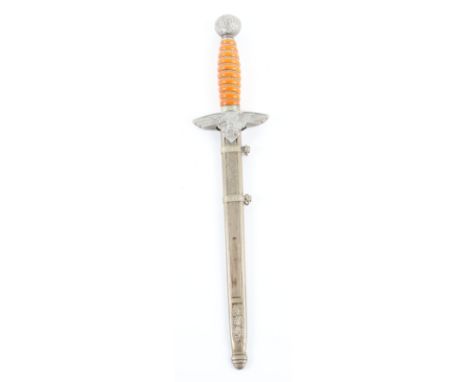 Miniature 2nd Pattern Luftwaffe Dress Dagger, fine example with orange celluloid grip having wire binding. Pommel with swasti