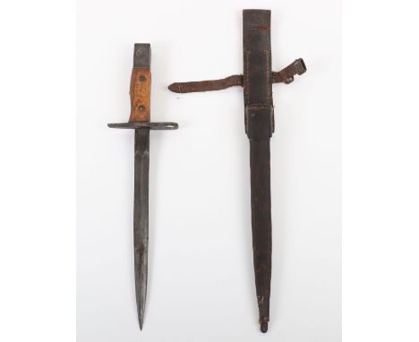 Scarce Japanese Dutch 1895 Converted Bayonet, with wooden grips, leather scabbard with fitted leather frog attached. Thin dou