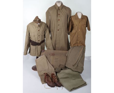 WW2 Japanese Infantry Uniform Group in Original Trunk, fine set of uniform for a WW2 Japanese infantry soldier, including lig