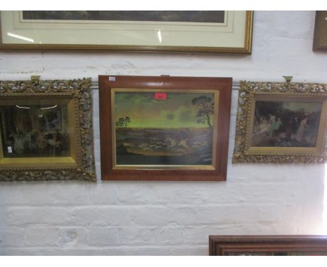 A reverse glass overpainted print of a hunting scene in a glazed yew effect frame, together with paperwork and certificate to