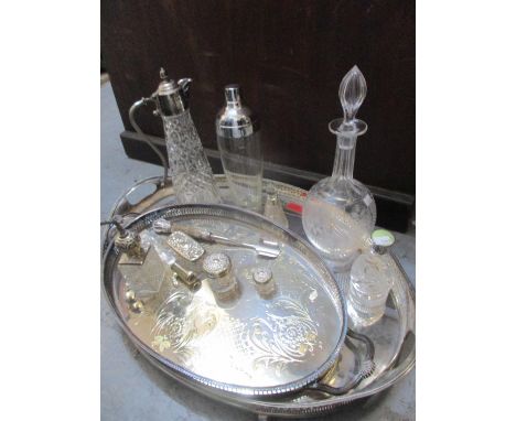 A selection of silver plate, cut and engraved glass, cut glass and silver or silver plated topped dressing table bottles and 